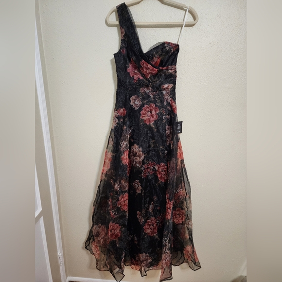 Lulus Truly Extraordinary Black Floral Organza One-Shoulder Maxi Dress S Wedding - Picture 6 of 11